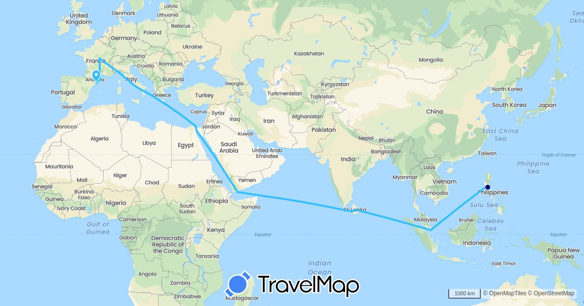 TravelMap itinerary: driving, boat in Egypt, Spain, France, Italy, Sri Lanka, Philippines, Singapore, Somalia, Yemen (Africa, Asia, Europe)